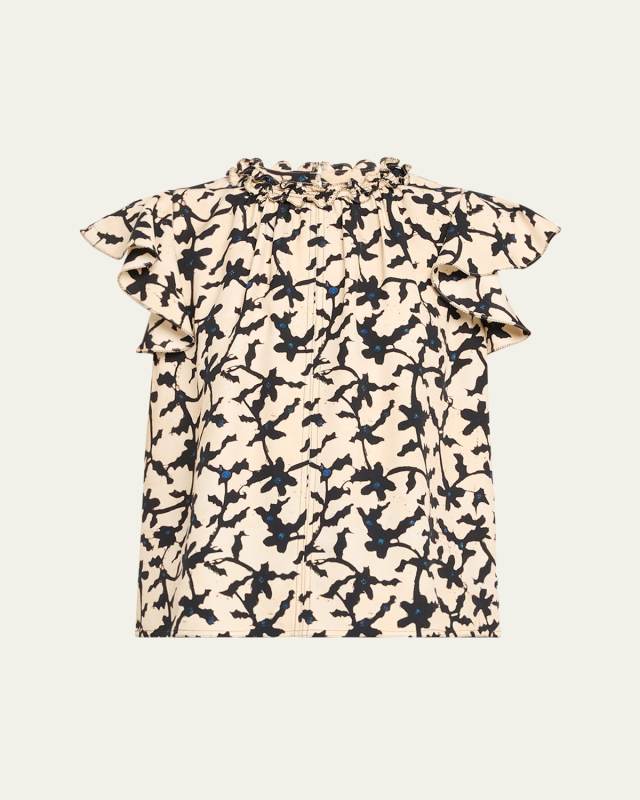 Julia Topstitched Ruffle-Sleeve Top
